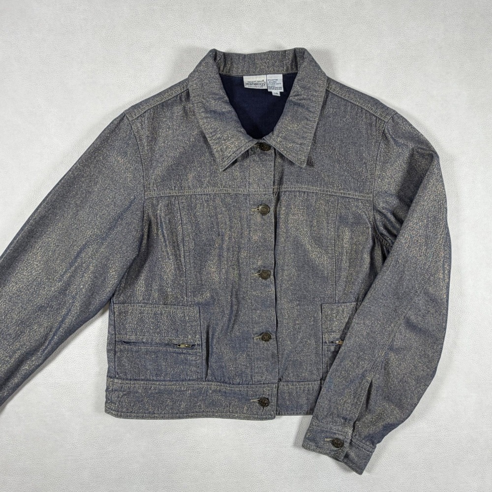 Vintage Newport News Jeanology Blue Gold Metallic Shimmer Denim Jacket Size 14